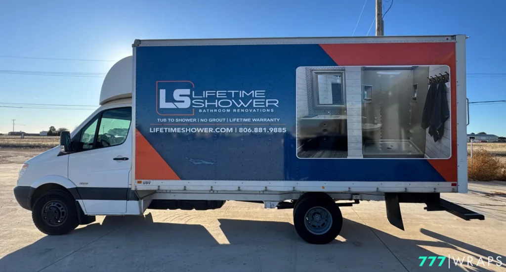 A truck featuring the phrase lifestyle shower, representing effective fleet wraps for business promotion in Amarillo, TX