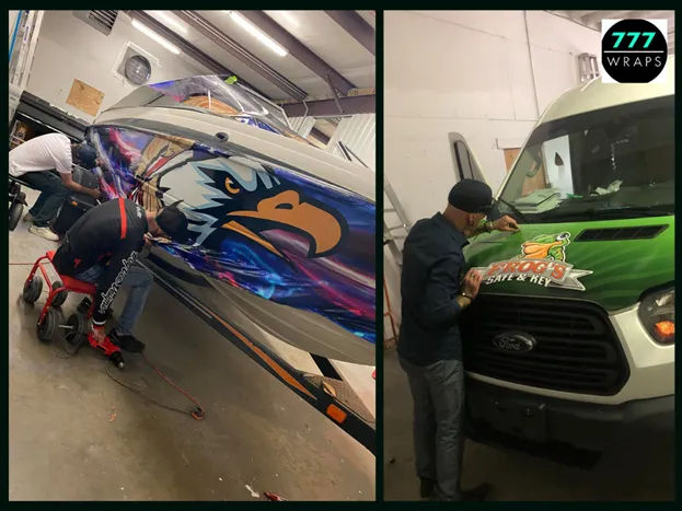777 Wraps Amarillo TX applying a custom boat wrap with an eagle design and a commercial van wrap for Frog's Safe & Key