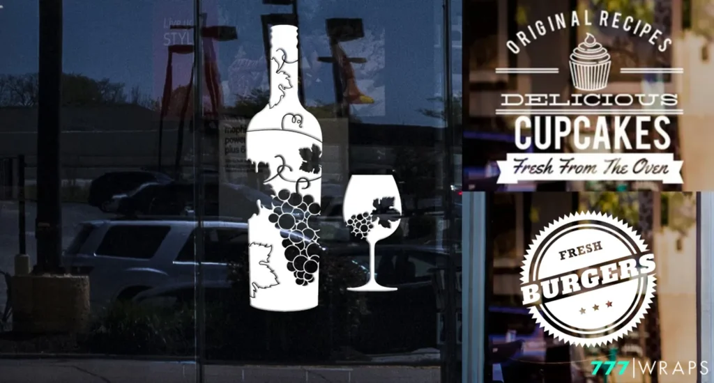 A glass door displays a wine bottle and a sign that says cupcakes from cupcakes, highlighting a storefront