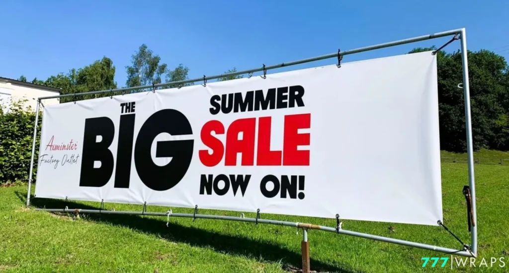 A large banner advertising a big sale displayed in front of a house, promoting custom banners and signs in Amarillo