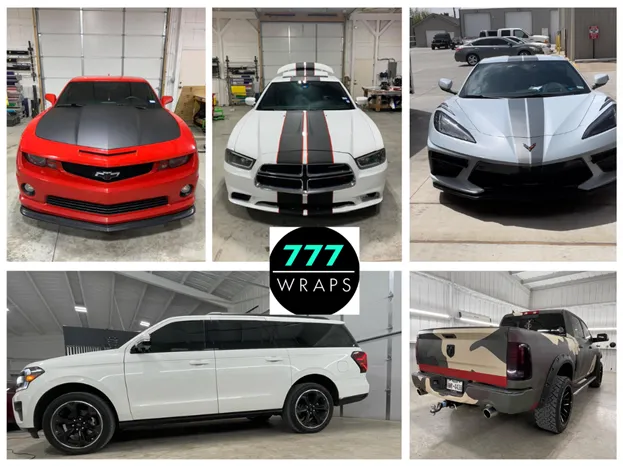 Collage of Amarillo car wraps including a Red Camaro, White Dodge, Corvette, Expedition, and Camo Ram wrap by 777 Wraps