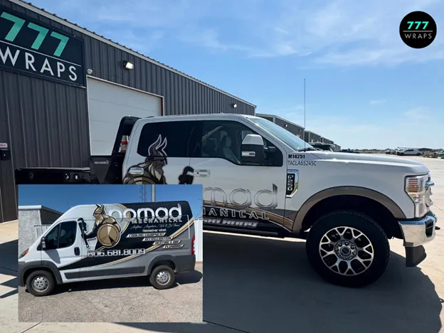 The 777 Wraps team standing next to a fully wrapped commercial fleet.