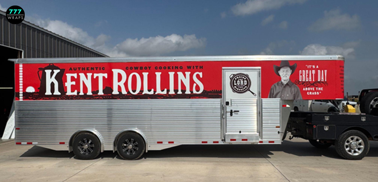 Cowboy cooking trailer wrap, showing a durable vehicle wrap for high ROI advertising