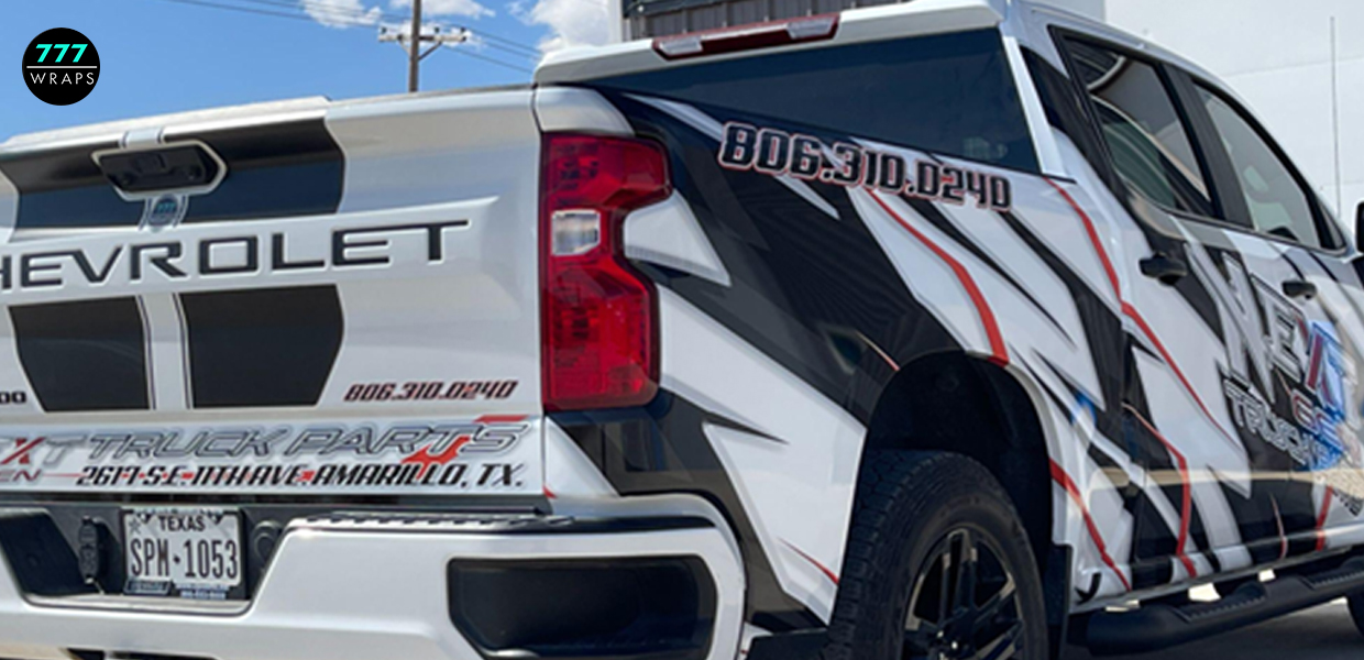 Professionally wrapped truck outside 777 warps in Amarillo